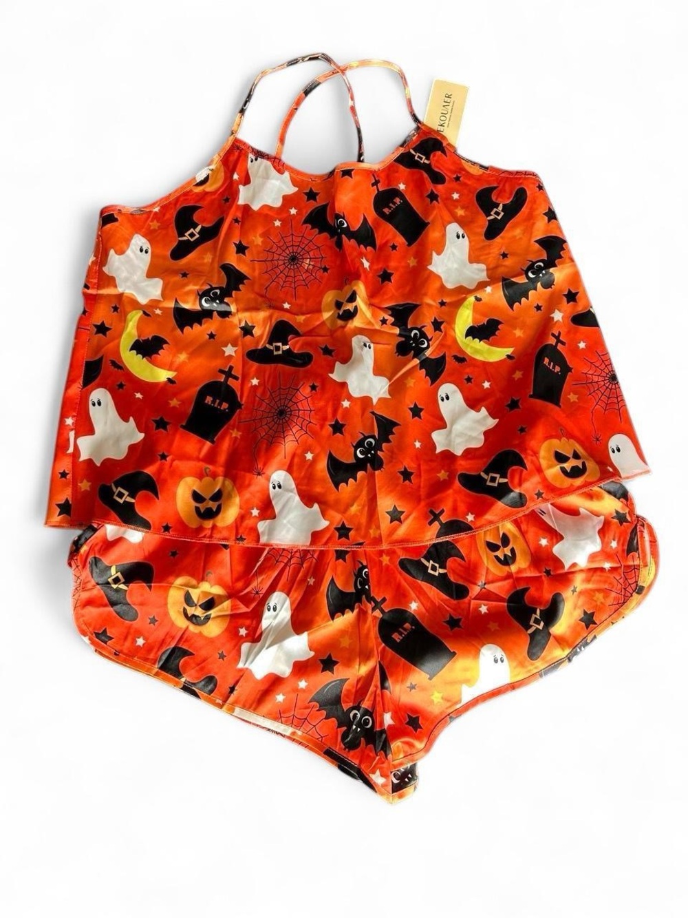Autumn Halloween print orange black white satin silky backless Cami with shorts